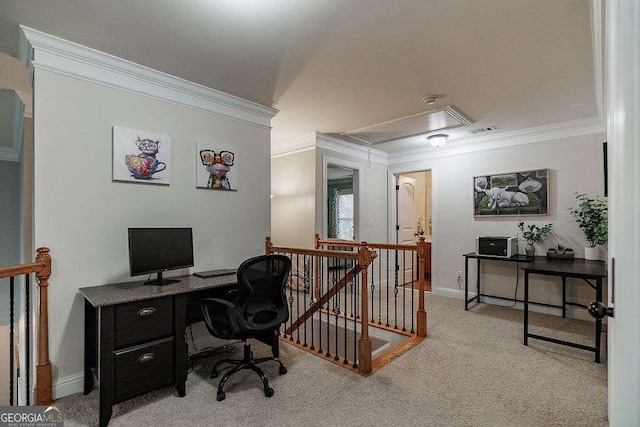 office area featuring visible vents, carpet floors, attic access, and crown molding