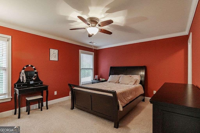 bedroom with ornamental molding, light carpet, baseboards, and a ceiling fan