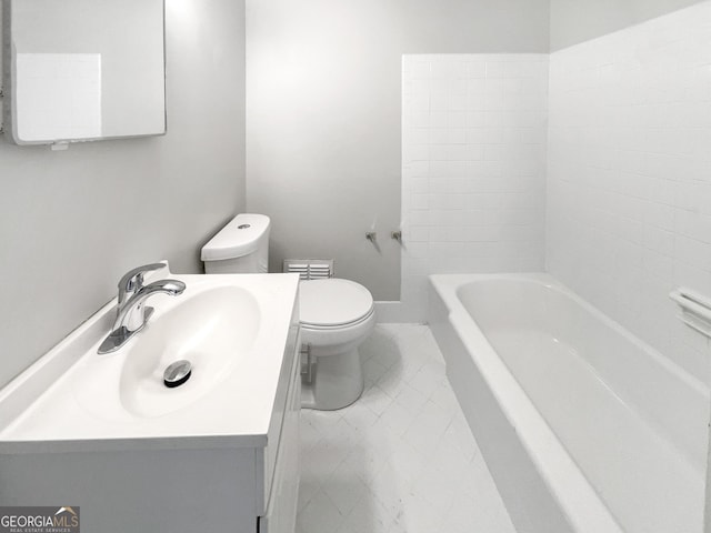 bathroom featuring a tub to relax in, a shower, toilet, vanity, and baseboards