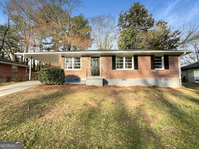 single story home with brick siding, crawl space, a carport, driveway, and a front lawn