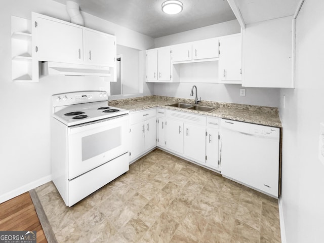 kitchen with white appliances, light countertops, a sink, and under cabinet range hood