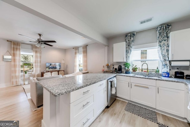 kitchen with a peninsula, a sink, visible vents, white cabinets, and stainless steel dishwasher