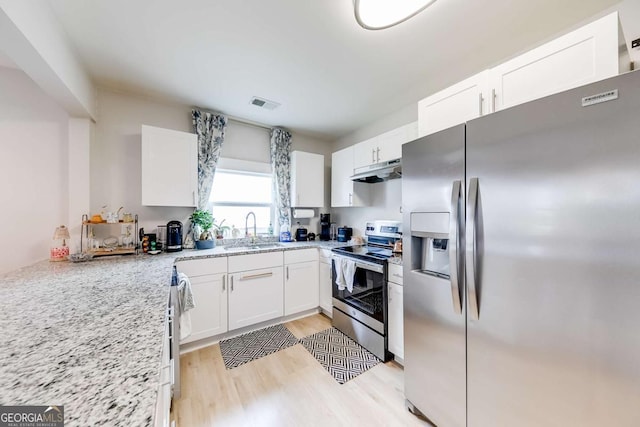 kitchen featuring under cabinet range hood, stainless steel appliances, a sink, visible vents, and white cabinets