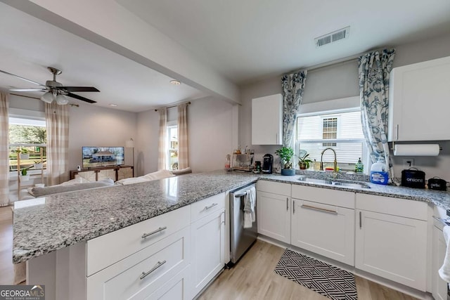 kitchen with white cabinets, a sink, a peninsula, and stainless steel dishwasher