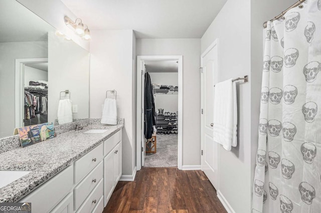 bathroom featuring wood finished floors, a sink, baseboards, double vanity, and a walk in closet