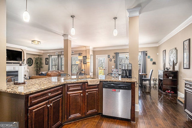 kitchen featuring dark wood-style floors, open floor plan, ornamental molding, dishwasher, and decorative columns