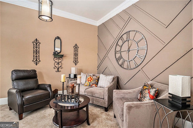 living room featuring baseboards, an accent wall, carpet floors, and crown molding