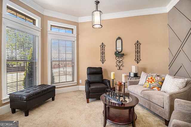 carpeted living room with ornamental molding and baseboards