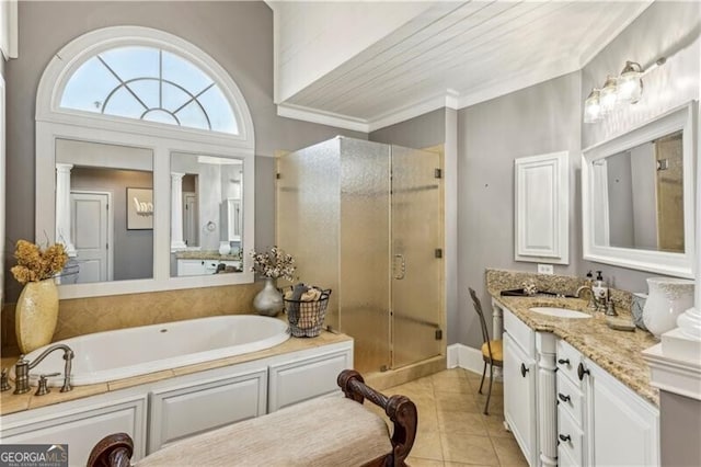 bathroom featuring a stall shower, tile patterned flooring, crown molding, and a bath