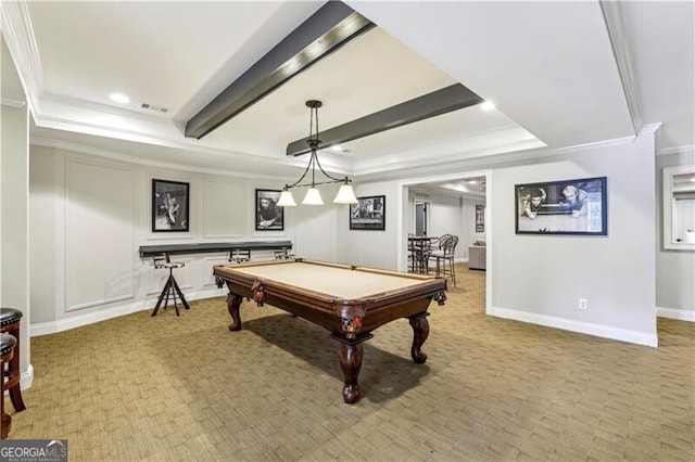 playroom featuring crown molding, a tray ceiling, visible vents, and a decorative wall