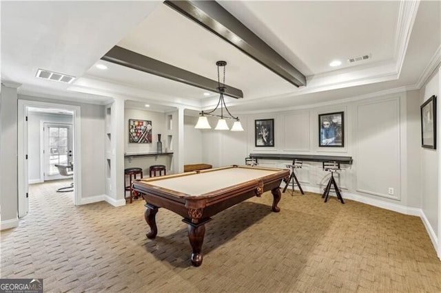 playroom featuring recessed lighting, visible vents, beamed ceiling, and ornamental molding