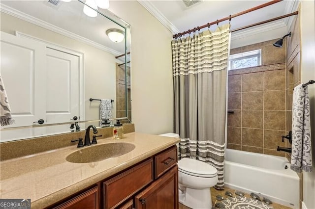 full bath with visible vents, toilet, ornamental molding, shower / tub combo, and vanity