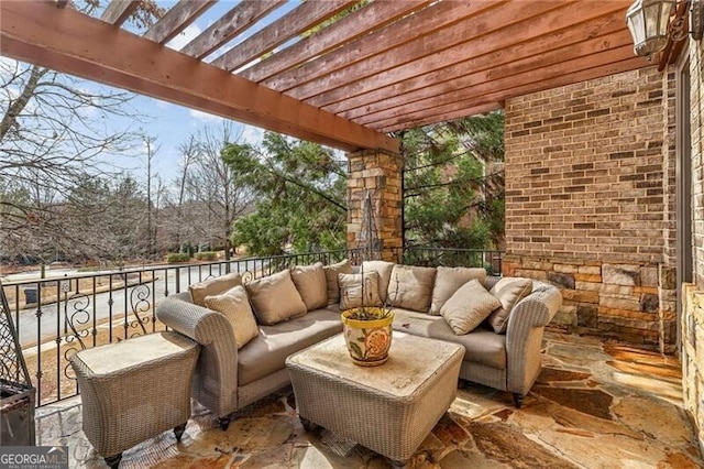 view of patio featuring outdoor lounge area and a pergola