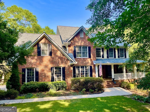 view of front of house featuring covered porch, roof with shingles, a front lawn, and brick siding