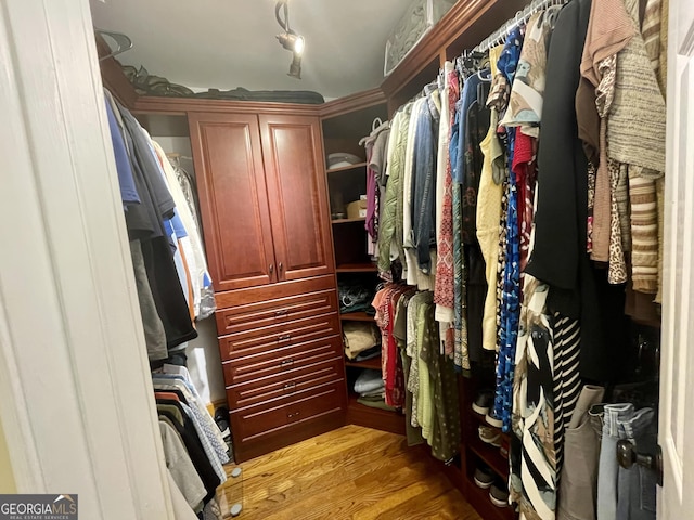 walk in closet with light wood-style floors