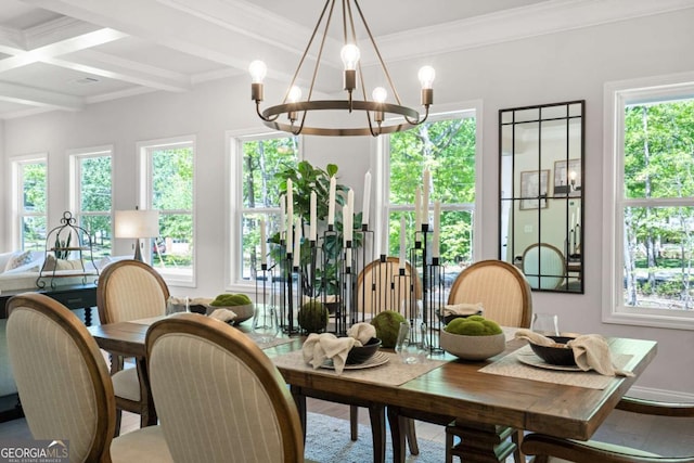 dining area with baseboards, coffered ceiling, beamed ceiling, crown molding, and a notable chandelier