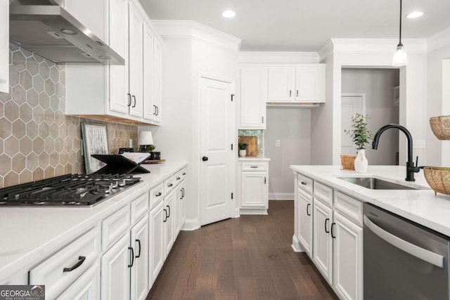 kitchen featuring wall chimney exhaust hood, appliances with stainless steel finishes, a sink, and white cabinetry