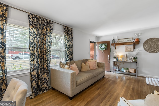 living room with baseboards and wood finished floors