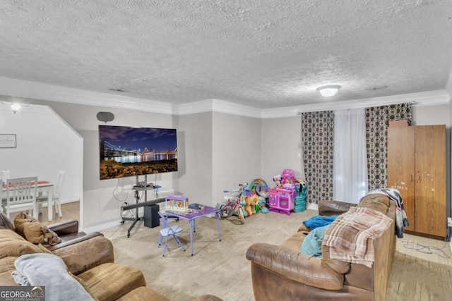 living area with a textured ceiling and ornamental molding