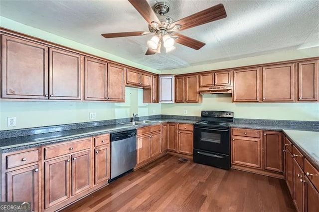 kitchen with dark wood-style floors, stainless steel dishwasher, a sink, black range with electric cooktop, and under cabinet range hood