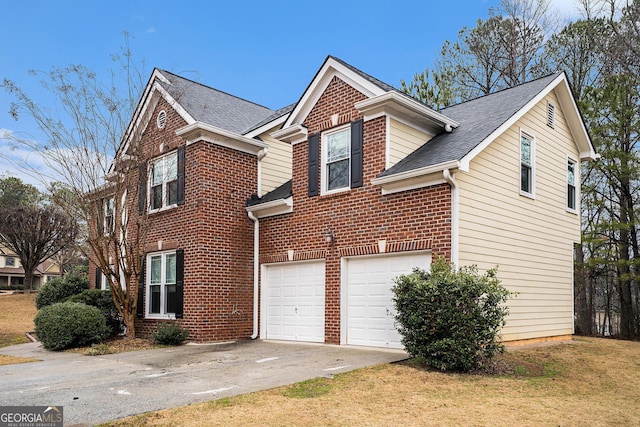 view of front of house featuring concrete driveway, brick siding, an attached garage, and roof with shingles