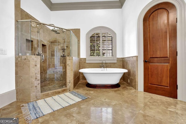 full bath with wainscoting, a soaking tub, ornamental molding, and a shower stall