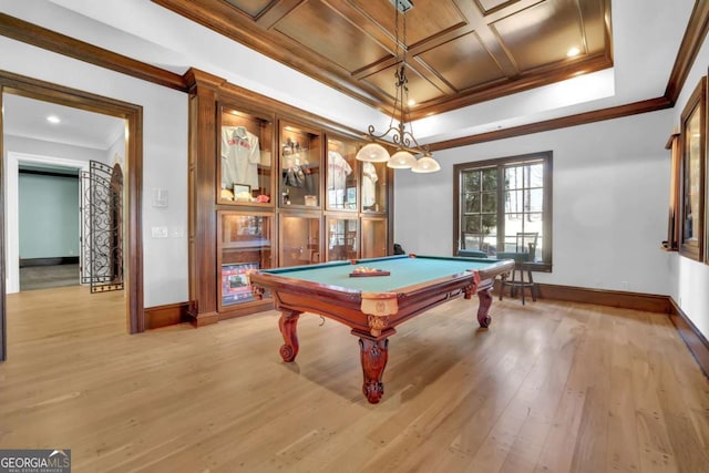 game room with light wood-type flooring, coffered ceiling, and ornamental molding