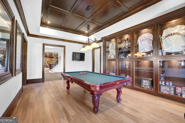 game room featuring crown molding, baseboards, light wood-style flooring, coffered ceiling, and billiards