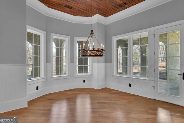 unfurnished dining area featuring a wainscoted wall, wood ceiling, wood finished floors, and ornamental molding