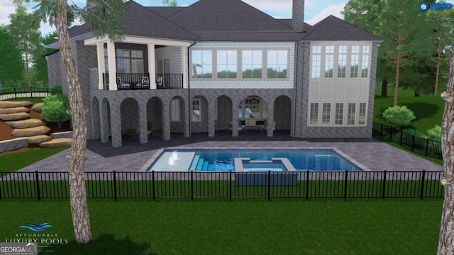 rear view of house featuring a lawn, a patio, and a fenced in pool