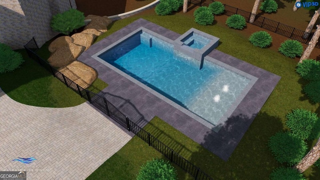 view of pool featuring a patio area, an in ground hot tub, and fence