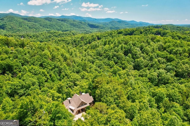 birds eye view of property with a forest view and a mountain view