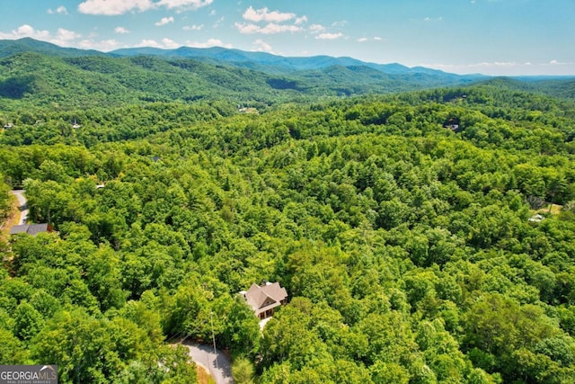 birds eye view of property with a forest view and a mountain view