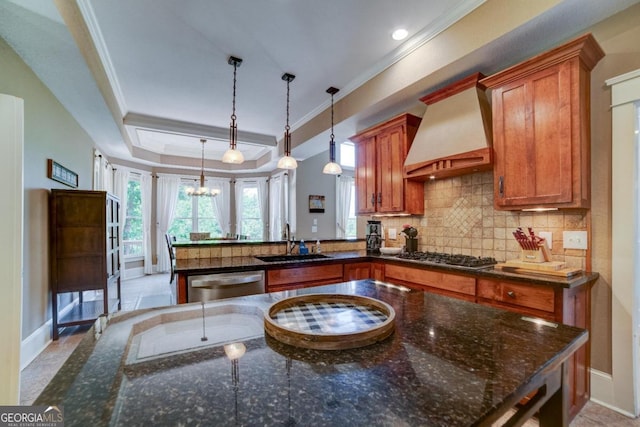 kitchen featuring stainless steel appliances, a sink, tasteful backsplash, a raised ceiling, and custom range hood