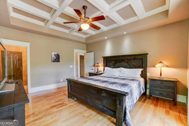 bedroom featuring light wood-style floors, coffered ceiling, and baseboards