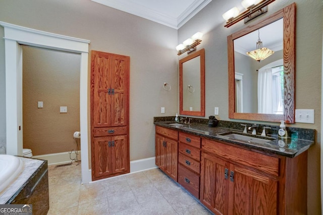 bathroom with double vanity, tile patterned flooring, ornamental molding, and a sink