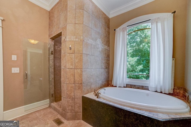 full bath with a wealth of natural light, visible vents, crown molding, and a stall shower