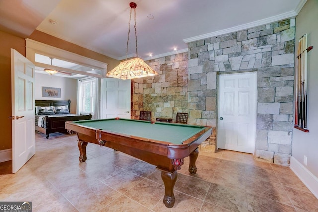 recreation room with light tile patterned floors, pool table, baseboards, and crown molding