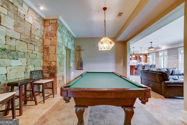 rec room featuring pool table, a ceiling fan, visible vents, and crown molding