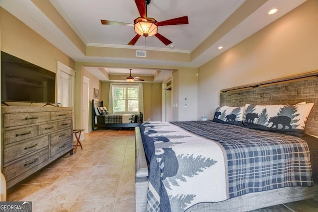 bedroom featuring visible vents, a raised ceiling, a ceiling fan, crown molding, and light tile patterned flooring