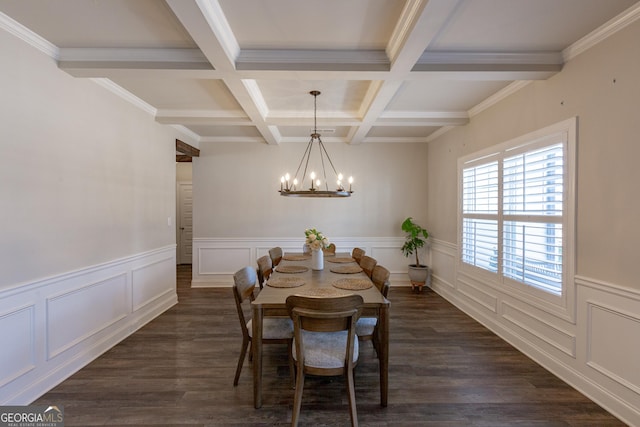 dining space featuring dark wood-style floors, a notable chandelier, coffered ceiling, and beamed ceiling