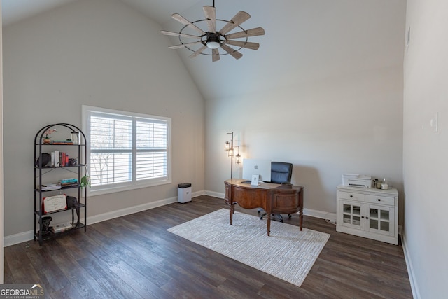 home office featuring ceiling fan, high vaulted ceiling, wood finished floors, and baseboards