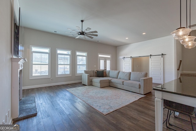 living area featuring a wealth of natural light, dark wood finished floors, and a barn door