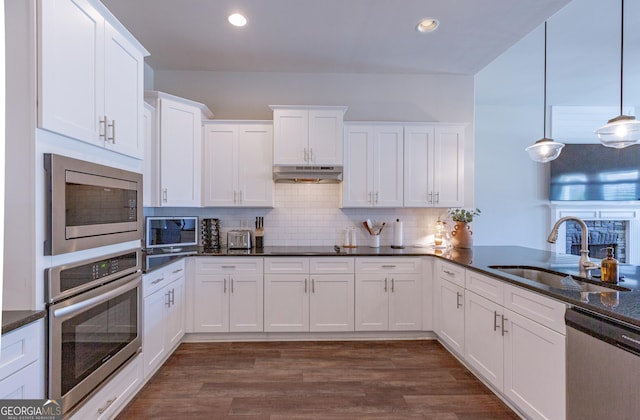 kitchen with dark wood finished floors, stainless steel appliances, backsplash, a sink, and under cabinet range hood