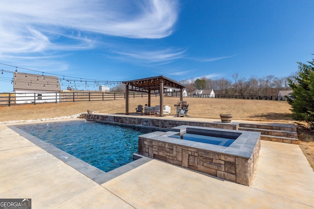 view of swimming pool featuring a fenced in pool, a patio, a gazebo, an in ground hot tub, and a fenced backyard