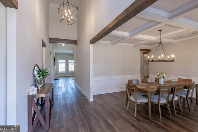 dining space featuring dark wood-style floors, coffered ceiling, beam ceiling, and a wainscoted wall