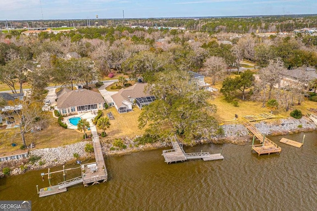 drone / aerial view with a water view