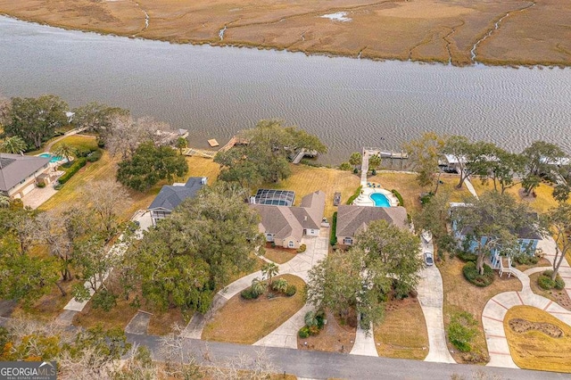 aerial view featuring a water view