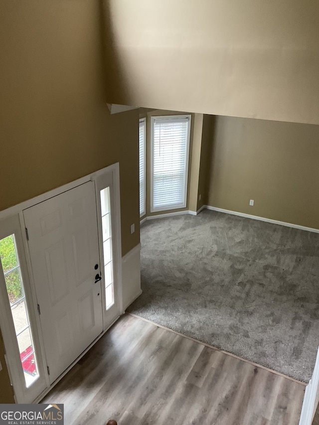 entryway with lofted ceiling, a healthy amount of sunlight, carpet, and wood finished floors