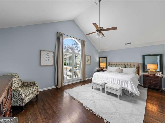 bedroom with visible vents, a ceiling fan, wood finished floors, high vaulted ceiling, and baseboards